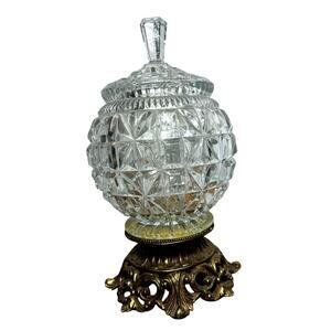 Vintage Crystal Bowl Footed Brass Stand Lidded Clear Cut Glass Italian Regency